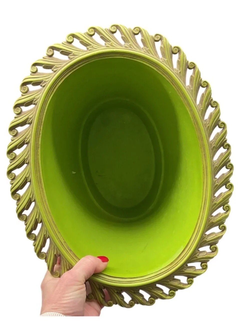 Vintage Avocado Green Ornate Scroll Large Trash Can Syroco 11.5
